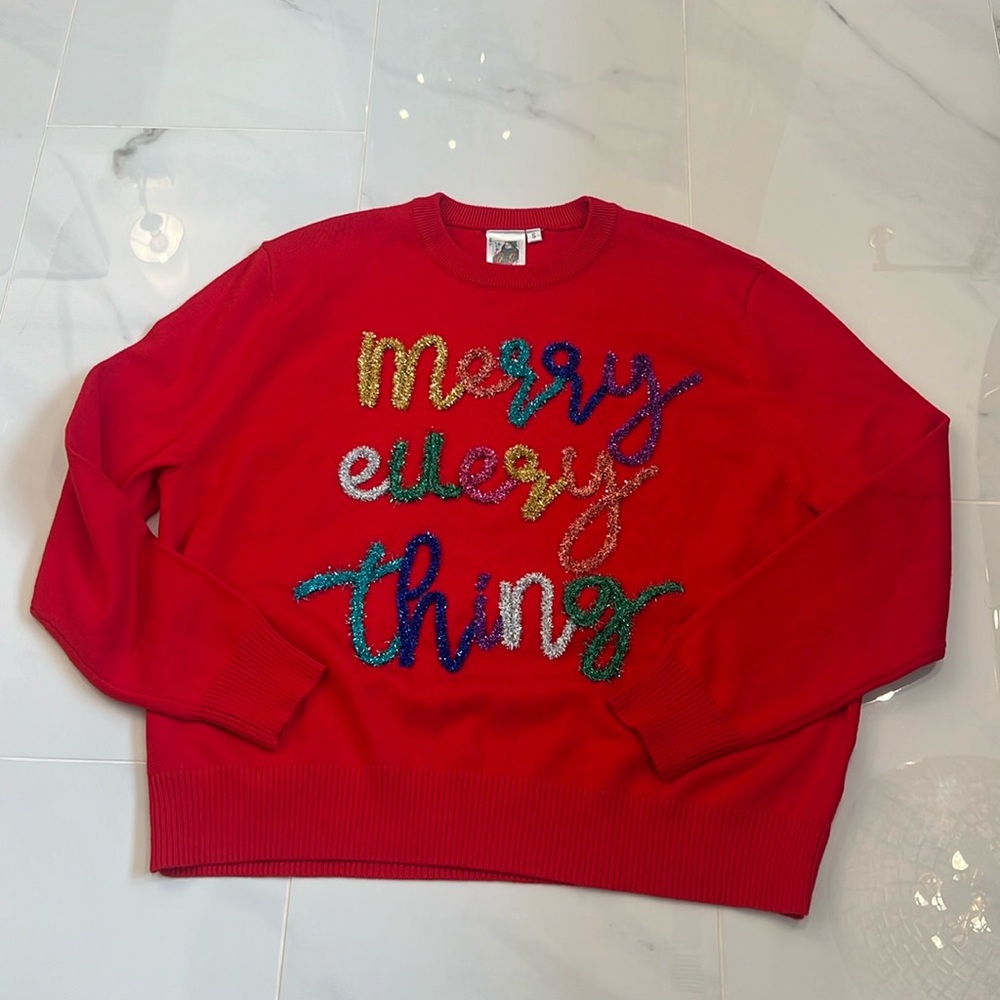 QUEEN OF SPARKLES Red Holiday 'Merry Everything' Sequin Sweater
